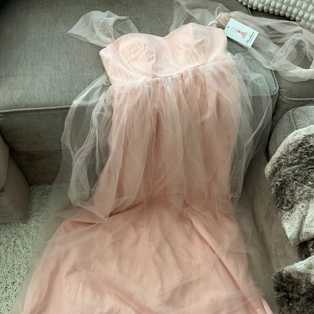 Blush Pink Tulle Off Shoulder Maternity Gown - Picture 4 of 12